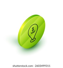 Isometric line Map pointer with anchor icon isolated on white background. Green circle button. Vector