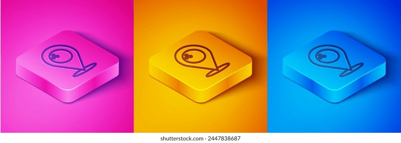 Isometric line Map pointer with bowling ball icon isolated on pink and orange, blue background. Sport equipment. Square button. Vector