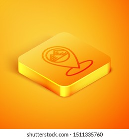 Isometric line Map pointer with Egypt pyramids icon isolated on orange background. Orange square button. Vector Illustration