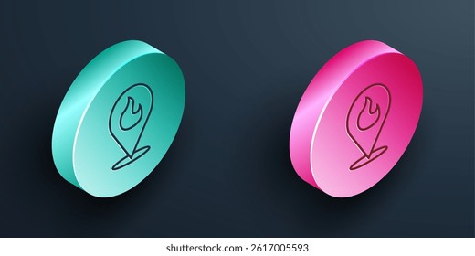 Isometric line Map pointer with fire flame icon isolated on black background. Fire nearby. Turquoise and pink circle button. Vector