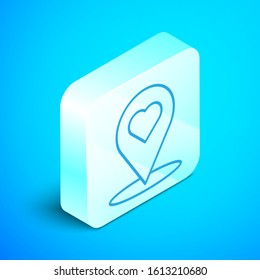 Isometric line Map pointer with heart icon isolated on blue background. Valentines day. Love location. Romantic map pin. Silver square button. Vector Illustration