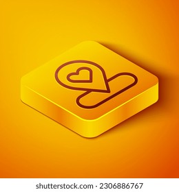 Isometric line Map pointer with heart icon isolated on orange background. Valentines day. Love location. Romantic map pin. Yellow square button. Vector