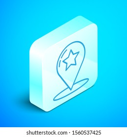 Isometric line Map pointer with star icon isolated on blue background. Star favorite pin map icon. Map markers. Silver square button. Vector Illustration