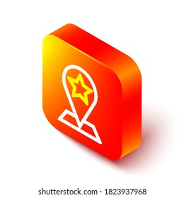 Isometric line Map pointer with star icon isolated on white background. Star favorite pin map icon. Map markers. Orange square button. Vector Illustration