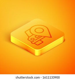 Isometric line Map pointer with taxi icon isolated on orange background. Location symbol. Orange square button. Vector Illustration