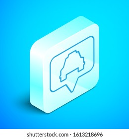 Isometric line Map pointer with taxi icon isolated on blue background. Location symbol. Silver square button. Vector Illustration