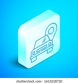Isometric line Map pointer with taxi icon isolated on blue background. Location symbol. Silver square button. Vector Illustration