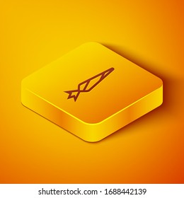 Isometric line Marijuana joint, spliff icon isolated on orange background. Cigarette with drug, marijuana cigarette rolled. Yellow square button. Vector Illustration