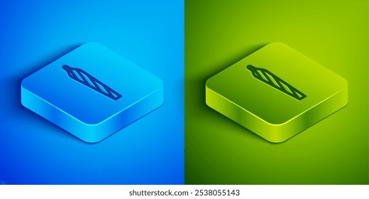 Articulación isométrica de la marihuana de la línea, icono del spliff aislado en fondo azul y verde. Cigarrillo con droga, cigarrillo de marihuana enrollado. Botón cuadrado. Vector
