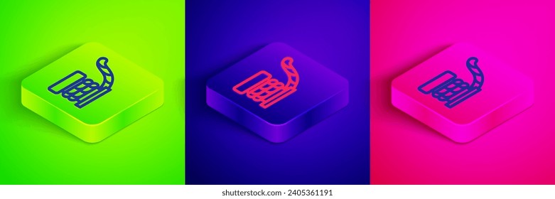Isometric line Marine bollard with rope tied on pier icon isolated on green, blue and pink background. Square button. Vector