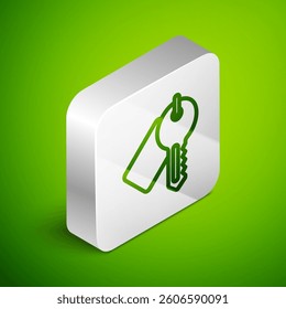 Isometric line Marked key icon isolated on green background. Silver square button. Vector