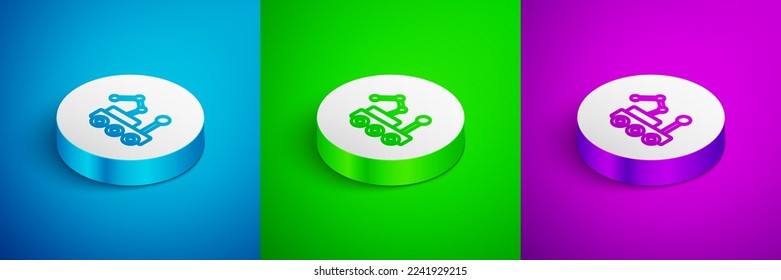 Línea isométrica Icono del rover Mars aislado en fondo azul, verde y púrpura. El resplandor espacial. Signo de moonwalker. Aparato para estudiar la superficie de los planetas. Botón Círculo blanco. Vector