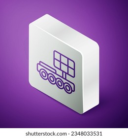 Isometric line Mars rover icono aislado en el fondo morado. El resplandor espacial. Signo de moonwalker. Aparato para estudiar la superficie de los planetas. Botón cuadrado plateado. Vector