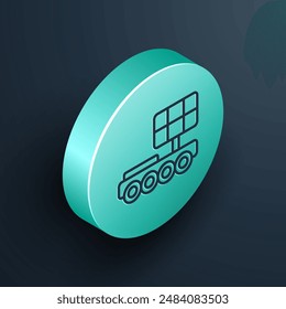 Isometric line Mars rover icon isolated on black background. Space rover. Moonwalker sign. Apparatus for studying planets surface. Turquoise circle button. Vector