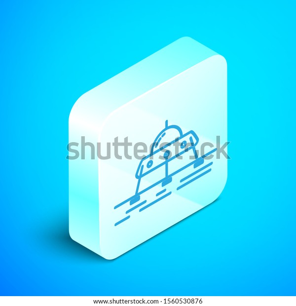 Isometric line Mars\
rover icon isolated on blue background. Space rover. Moonwalker\
sign. Apparatus for studying planets surface. Silver square button.\
Vector Illustration