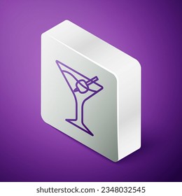 Isometric line Martini glass icon isolated on purple background. Cocktail icon. Wine glass icon. Silver square button. Vector