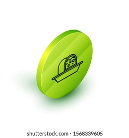 Isometric line Marzipan sponge cake icon isolated on white background. Merry Christmas and Happy New Year. Green circle button. Vector Illustration