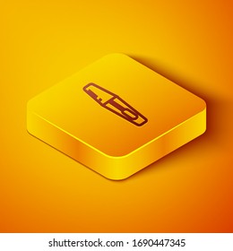 Isometric line Mascara brush icon isolated on orange background. Yellow square button. Vector Illustration