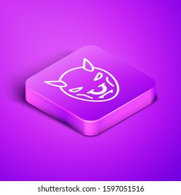 Isometric line Mask of the devil with horns icon isolated on purple background. Purple square button. Vector Illustration