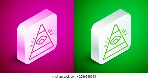 Isometric line Masons symbol All-seeing eye of God icon isolated on pink and green background. The eye of Providence in the triangle. Silver square button. Vector