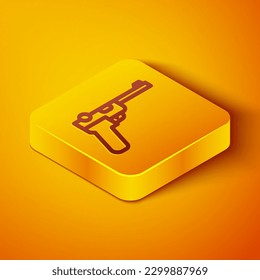 Isometric line Mauser gun icon isolated on orange background. Mauser C96 is a semi-automatic pistol. Yellow square button. Vector