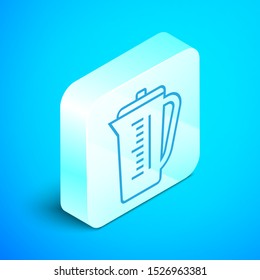 Isometric line Measuring cup to measure dry and liquid food icon isolated on blue background. Plastic graduated beaker with handle. Silver square button. Vector Illustration
