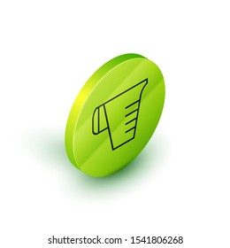 Isometric line Measuring cup to measure dry and liquid food icon isolated on white background. Plastic graduated beaker with handle. Green circle button. Vector Illustration