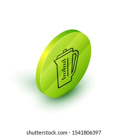 Isometric line Measuring cup to measure dry and liquid food icon isolated on white background. Plastic graduated beaker with handle. Green circle button. Vector Illustration