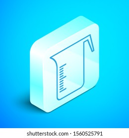 Isometric line Measuring cup to measure dry and liquid food icon isolated on blue background. Plastic graduated beaker with handle. Silver square button. Vector Illustration