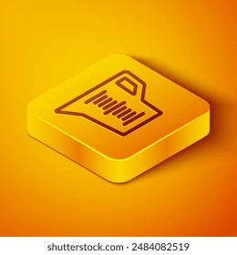 Isometric line Measuring cup to measure dry and liquid food icon isolated on orange background. Plastic graduated beaker with handle. Yellow square button. Vector