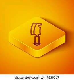 Línea isométrica Icono de picador de carne aislado sobre fondo naranja. Cuchillo carnicero. Cuchillo de cocina para carne. Cuchillo carnicero. Botón cuadrado amarillo. Vector