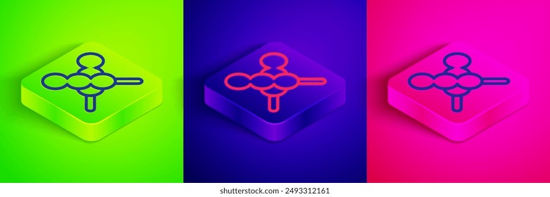 Isometric line Meatballs on wooden stick icon isolated on green, blue and pink background. Skewer with meat. Square button. Vector