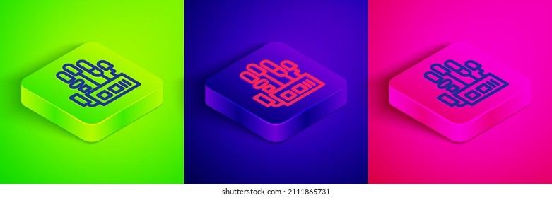 Isometric line Mechanical robot hand icon isolated on green, blue and pink background. Robotic arm symbol. Technological concept. Square button. Vector