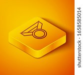 Isometric line Medal icon isolated on orange background. Winner symbol. Yellow square button. Vector Illustration