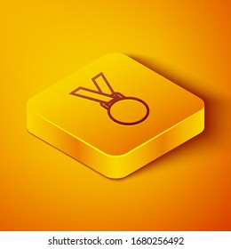 Isometric line Medal icon isolated on orange background. Winner symbol. Yellow square button. Vector Illustration