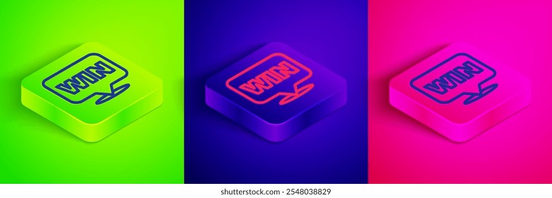 Isometric line Medal icon isolated on green, blue and pink background. Winner symbol. Square button. Vector