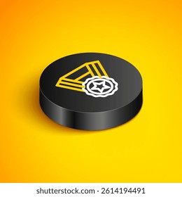 Isometric line Medal icon isolated on yellow background. Winner symbol. Black circle button. Vector