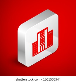 Isometric line Medical hospital building with cross icon isolated on red background. Medical center. Health care. Silver square button. Vector Illustration