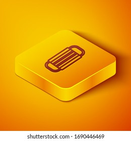 Isometric line Medical protective mask icon isolated on orange background. Yellow square button. Vector Illustration