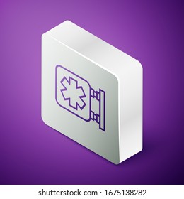 Isometric line Medical symbol of the Emergency - Star of Life icon isolated on purple background. Silver square button. Vector Illustration