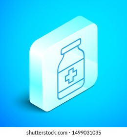 Isometric line Medicine bottle icon isolated on blue background. Bottle pill sign. Pharmacy design. Silver square button. Vector Illustration