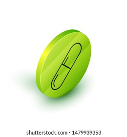 Isometric line Medicine pill or tablet icon isolated on white background. Capsule pill and drug sign. Pharmacy design. Green circle button. Vector Illustration