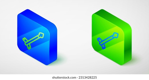 Isometric line Medieval arrows icon isolated grey background. Medieval weapon. Blue and green square button. Vector