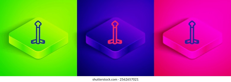 Isometric line Medieval arrows icon isolated on green, blue and pink background. Medieval weapon. Square button. Vector
