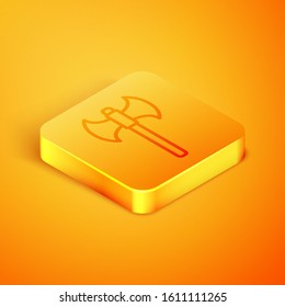 Isometric line Medieval axe icon isolated on orange background. Battle axe, executioner axe. Orange square button. Vector Illustration