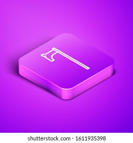 Isometric line Medieval axe icon isolated on purple background. Battle axe, executioner axe. Medieval weapon. Purple square button. Vector Illustration