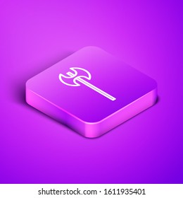 Isometric line Medieval axe icon isolated on purple background. Battle axe, executioner axe. Medieval weapon. Purple square button. Vector Illustration