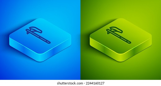 Línea isométrica Icono de hacha medieval aislado en fondo azul y verde. Battle ax, verdugo hacha. arma medieval. Botón cuadrado. Vector
