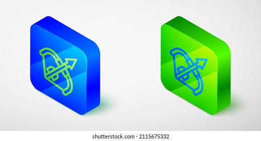 Isometrische Linie Mittelalterliche Schleife und Pfeilsymbol einzeln auf grauem Hintergrund. Mittelalterliche Waffe. Die Taste blau und grün. Vektorgrafik