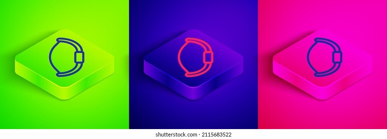 Línea isométrica Icono de arco medieval aislado en fondo verde, azul y rosa. arma medieval. Botón cuadrado. Vector